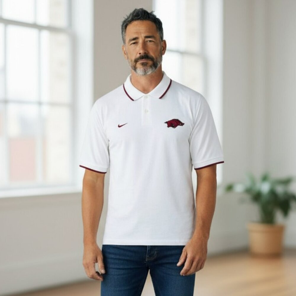 Arkansas Razorbacks Nike Mens Size XL White Dri Fit Waffle Weave Polo Shirt